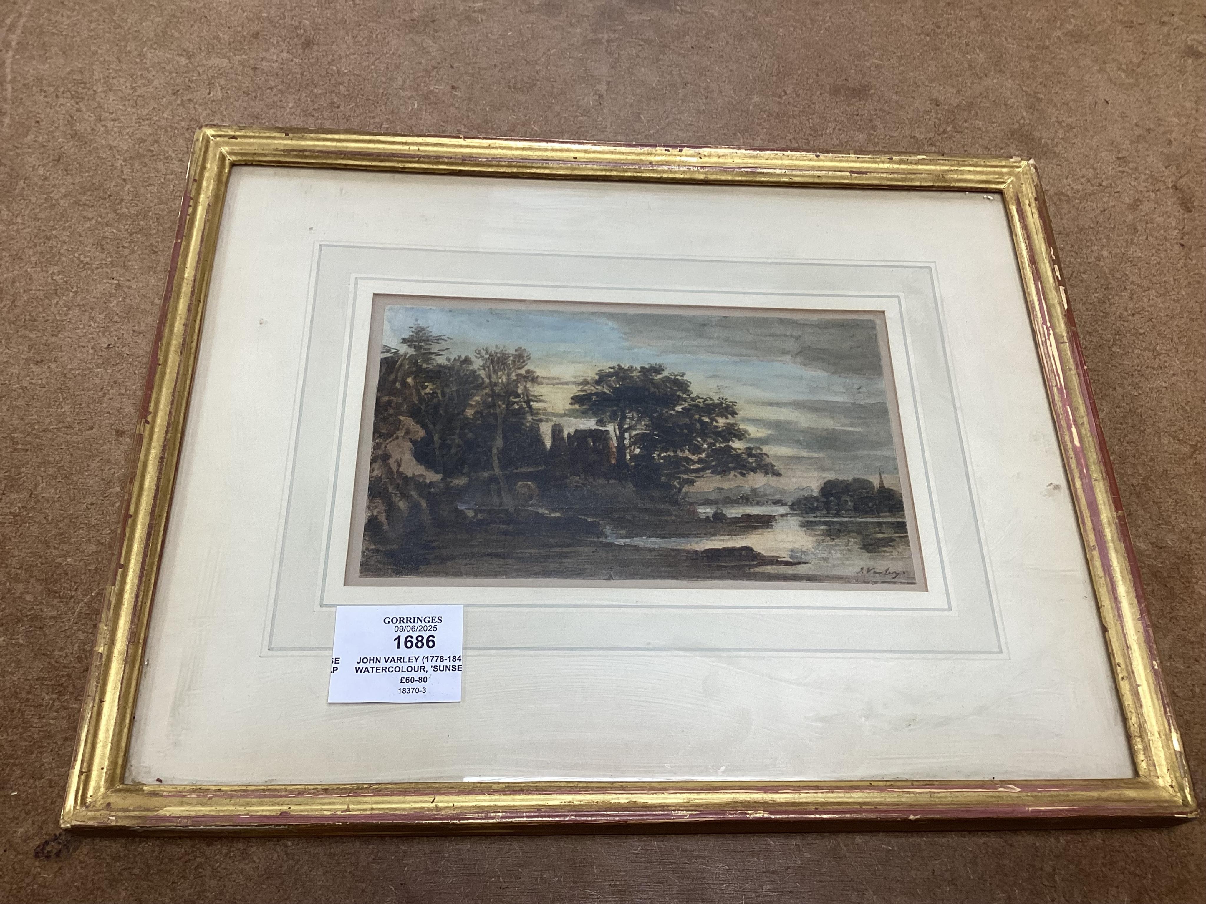 John Varley (1778-1842), watercolour, ‘Sunset’, signed in ink, together with another watercolour, signed G. Varley, 13 x 19cm